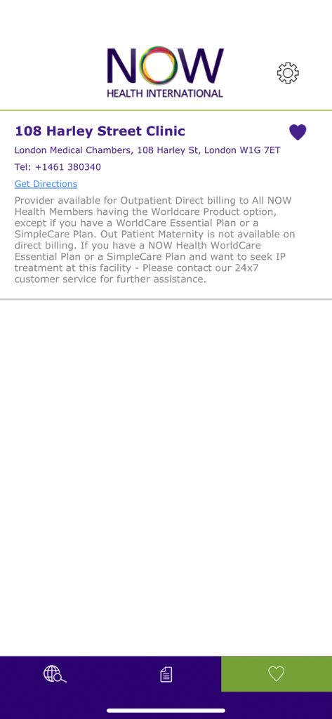 App screen showing contact and billing details for a medical provider on Now Health International