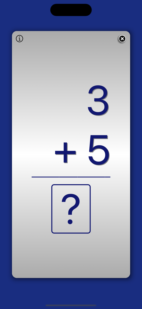 Digital flashcard from the Math Fact Master app showing the addition problem 3 plus 5
