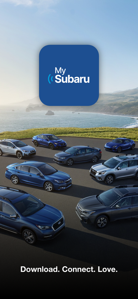 MySubaru - MySubaru app logo over a fleet of Subaru vehicles in a coastal landscape