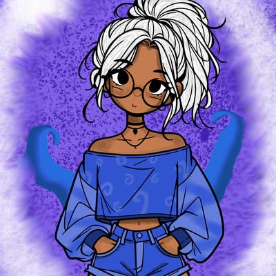 girl with a messy ponytail glasses a baggy crop top and jean shorts