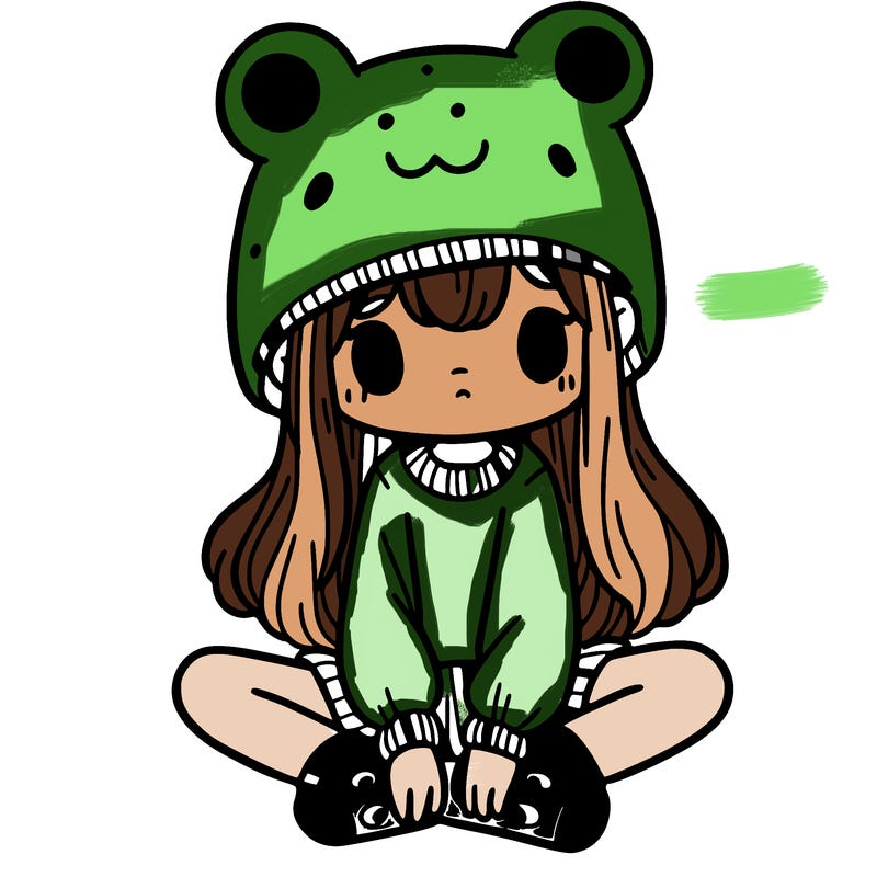 a girl wearing a frog hat and some frog socks
