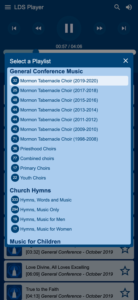 LDS Player app screenshot showing the playlist selection window with categories for Mormon Tabernacle Choir music and Church Hymns.
