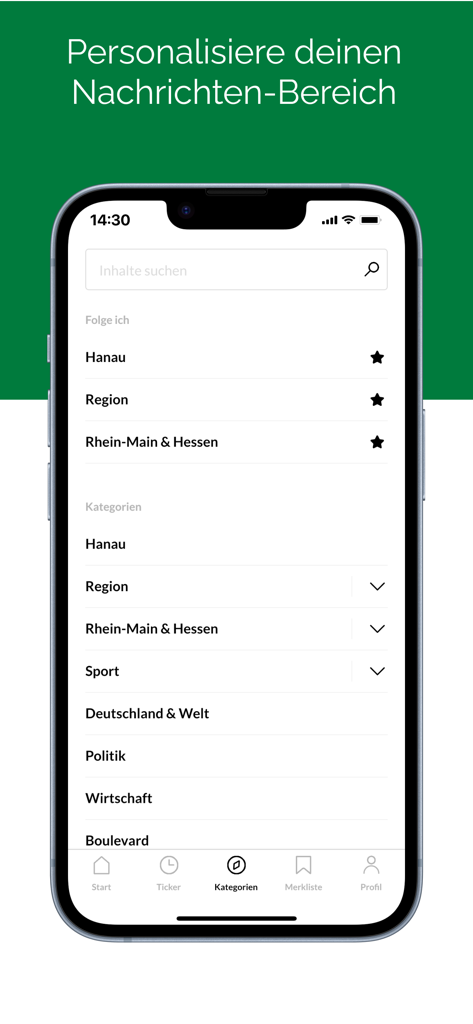 Hanauer Anzeiger News app category personalization screen