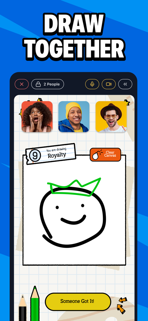 Friends playing a drawing game while video chatting in the MiniParty app