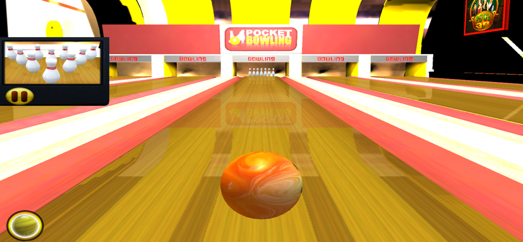 Jugabilidad de Pocket Bowling 3D mostrando una bola de bolos naranja en una pista frente a los bolos