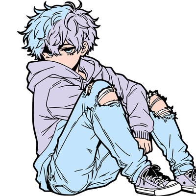 a male hoddie ripped jeans messy hair anime