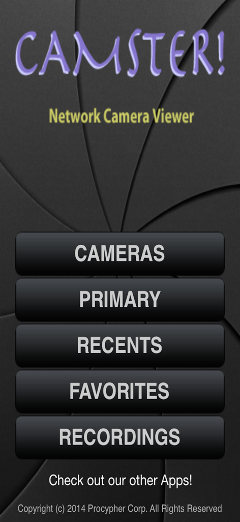 Main menu screen of the Camster New York City app showing navigation buttons for cameras and recordings