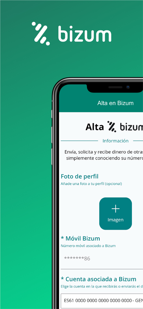Tela de registro Bizum no aplicativo de mobile banking Eurocaja Rural.
