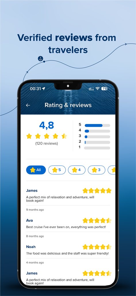 ChooseCruiseの検証済み旅行者のレビューと4.8つ星の評価が表示されているモバイルアプリの画面。