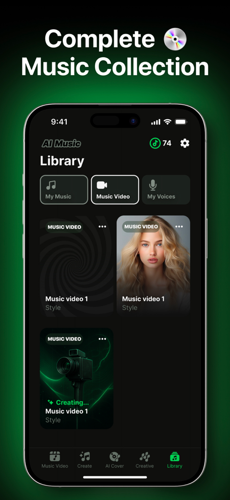 AI Musicアプリのライブラリ画面。ミュージックビデオの作成とスタイルが表示されています。
