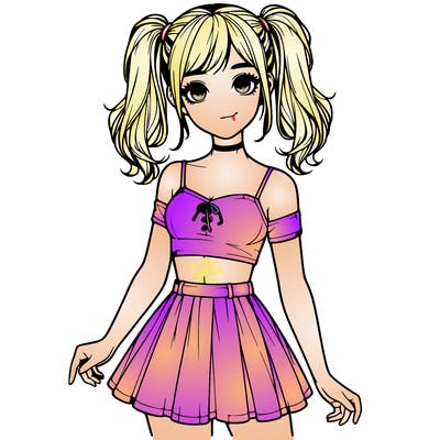 realistic girl in a skirt crop top and pigtails