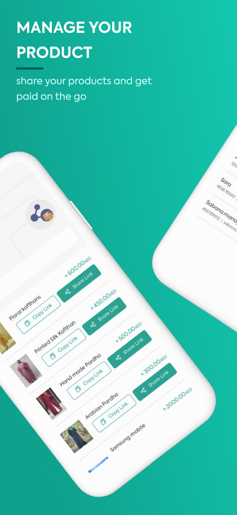 Oberfläche der mobilen App Foloosi Business zur Verwaltung von Produkten und zum Teilen von Zahlungslinks für ein Händlergeschäft.