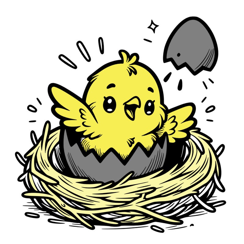 a baby chick hatching from an egg in a nest