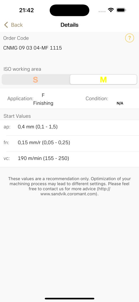 Ifind - Sandvik Coromant - Parámetros de mecanizado y valores de arranque para una herramienta de corte de metal en la aplicación Ifind