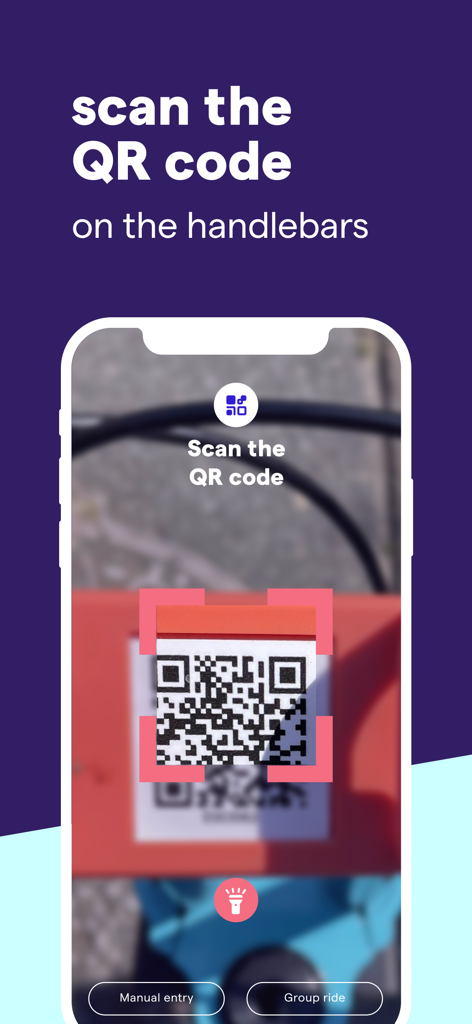 A smartphone scanning a QR code on the handlebars of a Pony bike