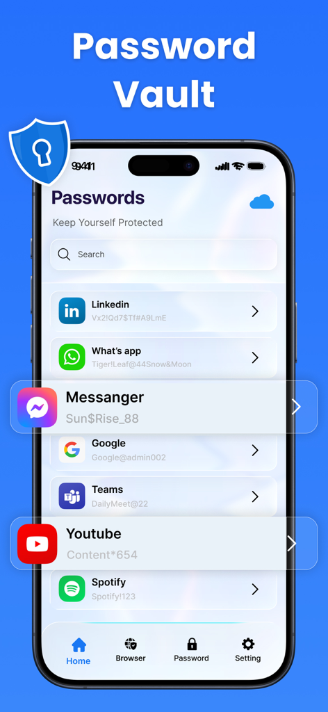 Two Factor Authentication App・ - 2要素認証アプリの安全なアカウントストレージを示すパスワードボールト画面。