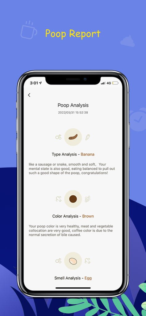 GoPoop - A detailed health analysis report in the GoPoop app showing stool type color and smell evaluation based on the Bristol Stool Scale.