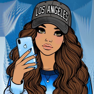 realistic beautiful girl wearing los ángeles cap holding an iphone
