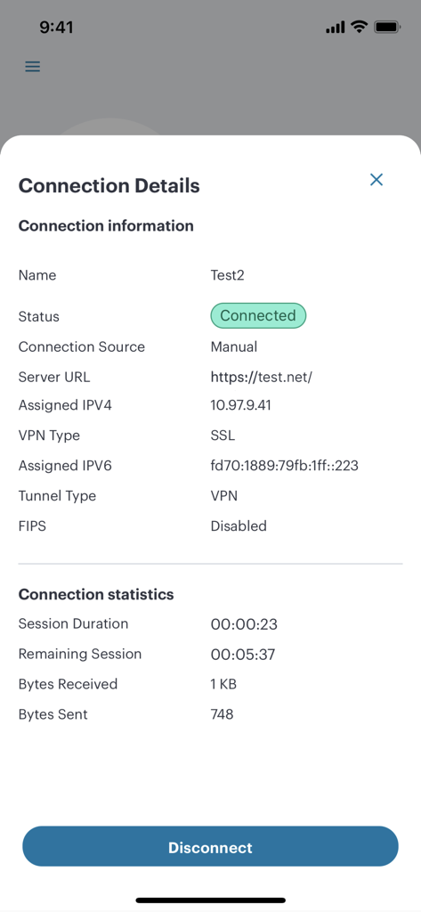 Aplicativo Ivanti Secure Access Client mostrando detalhes da conexão VPN ativa e estatísticas, incluindo duração da sessão e bytes enviados