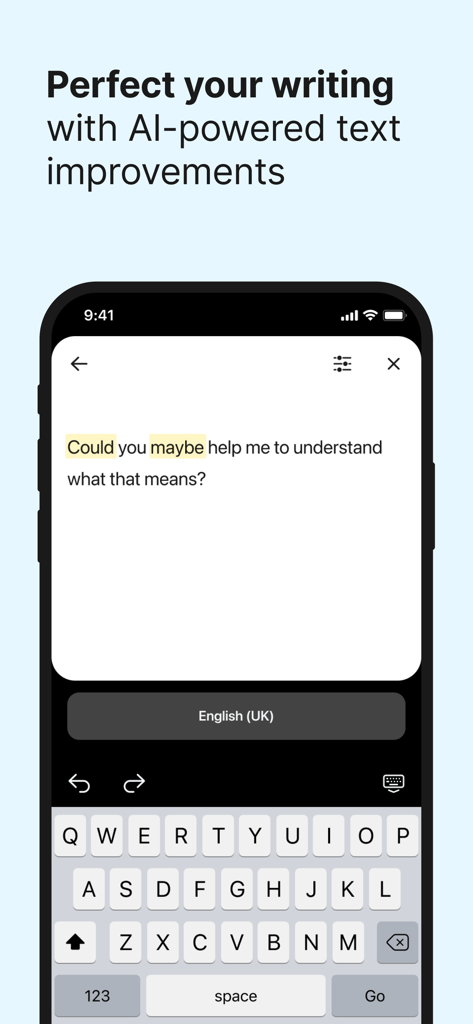 DeepL for Intune - Pantalla de DeepL para Intune mostrando sugerencias de escritura impulsadas por IA para texto profesional en inglés.
