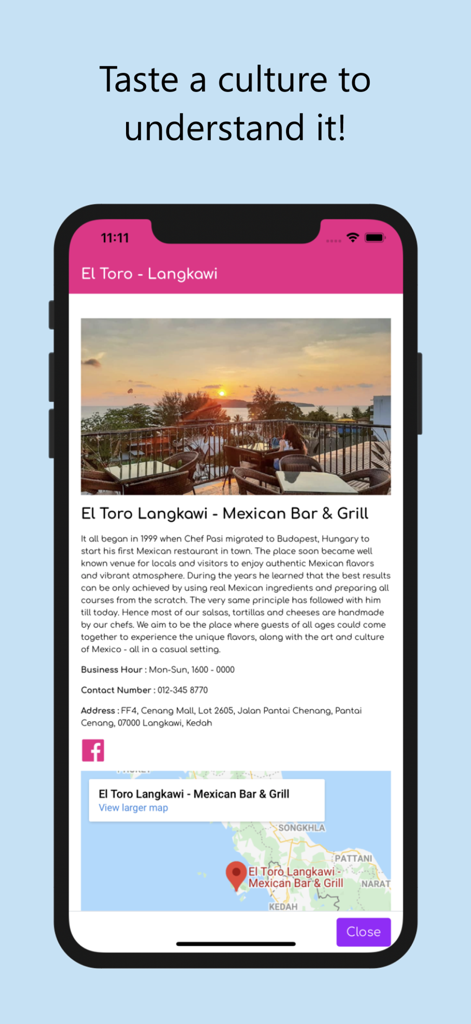 Cuti Cuti Langkawi app displaying restaurant information and map for El Toro Mexican Bar and Grill.