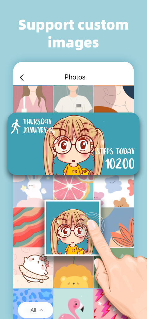 A user selects a cute anime illustration to create a custom photo widget with a step counter and date