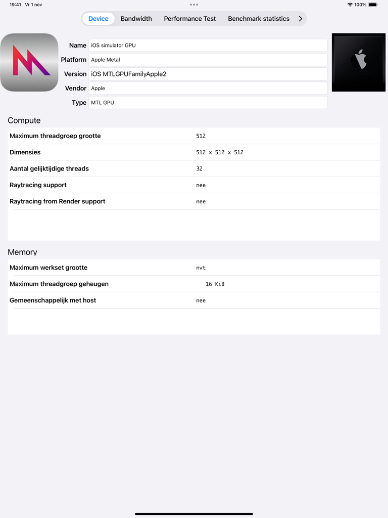 Dashboard delle specifiche tecniche nell'app CL!ng che mostra dettagli sul calcolo della GPU e sulla memoria per dispositivi Apple Metal