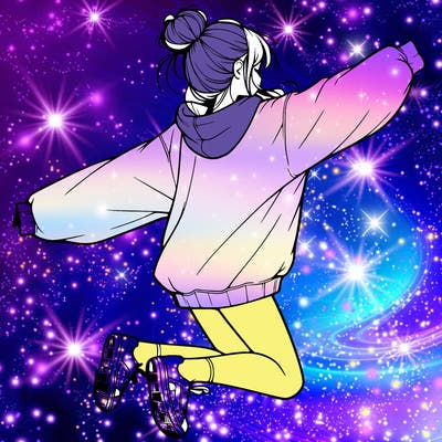 realistic girl jumping with a bun and oversized sweatshirt