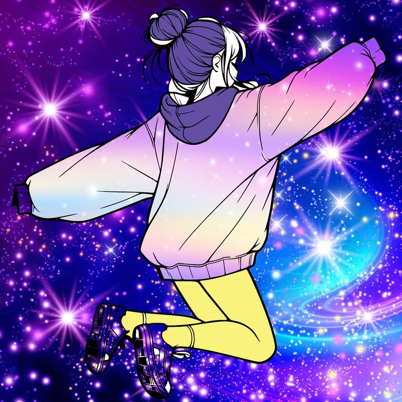 realistic girl jumping with a bun and oversized sweatshirt