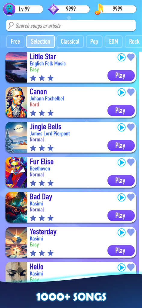 Elenco di brani nell'app di gioco del pianoforte Music Tiles 2 che mostra vari generi musicali e livelli di difficoltà.