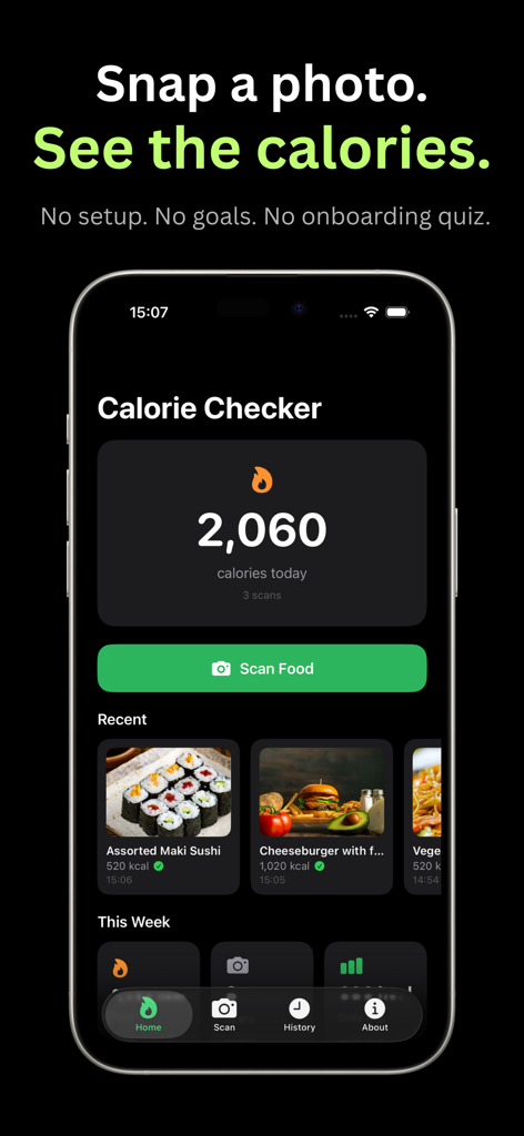 Calorie Checker - AI Food Scan - Calorie Checker app home screen displaying daily calorie total and food scan button