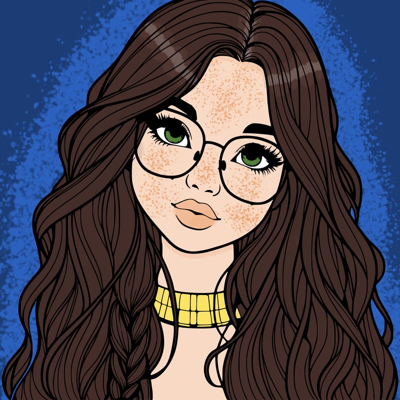 girl with long hair and freckles and glasses realistic