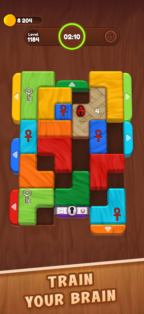 Pantalla de juego del rompecabezas de bloques Color Wood Jam con formas de madera coloridas y texto de entrenamiento cerebral
