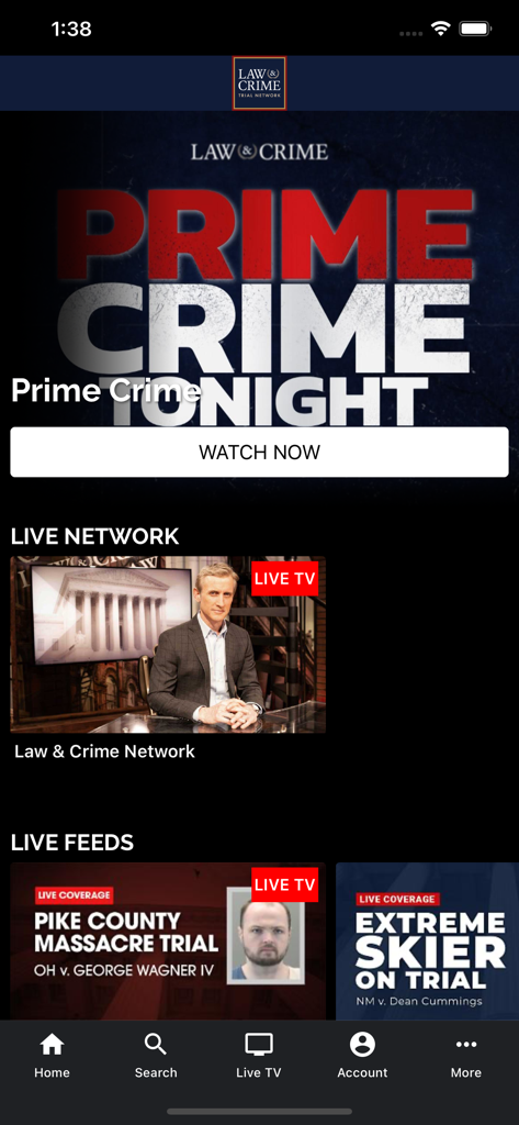 Law & Crime Trial Network - The Law and Crime Trial Network app home screen displaying live legal trial feeds and crime news programming.