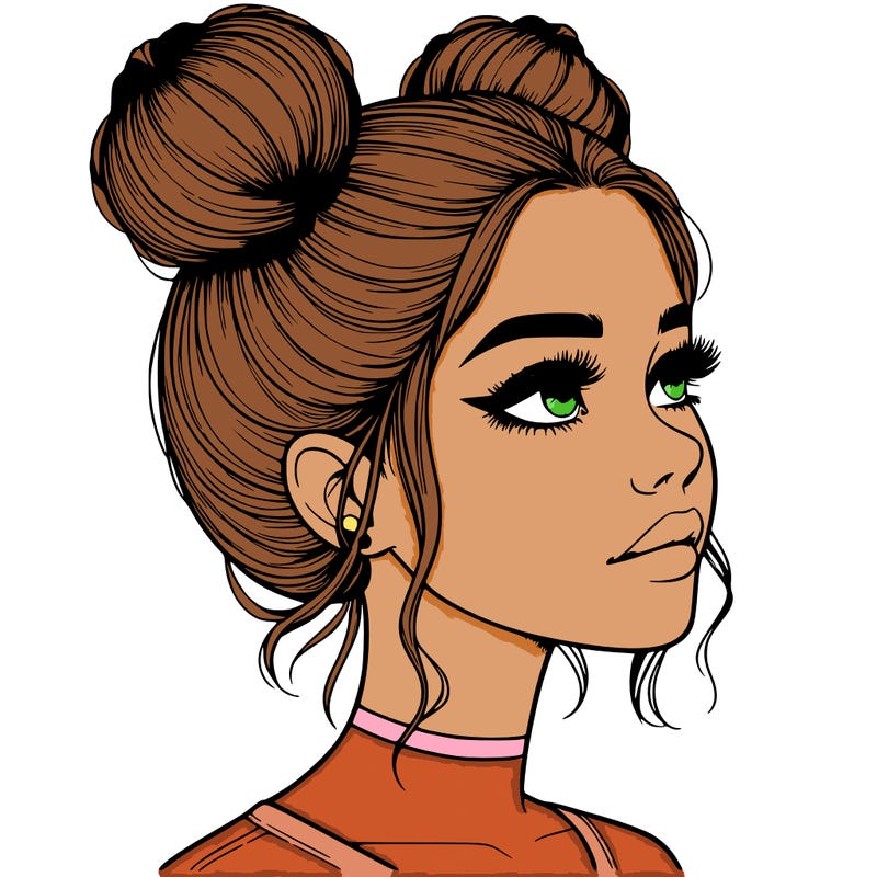 realistic girl with buns on the top of her head