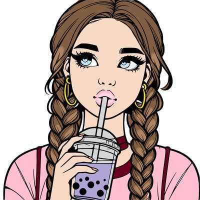 realistic girl with braided hair drinking boba