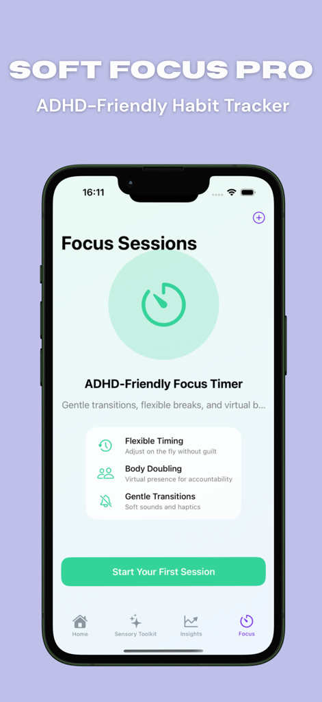 Interfaccia dell'app Soft Focus Pro che mostra il timer per le sessioni di concentrazione adatto all'ADHD con funzionalità come il 'body doubling' e la temporizzazione flessibile