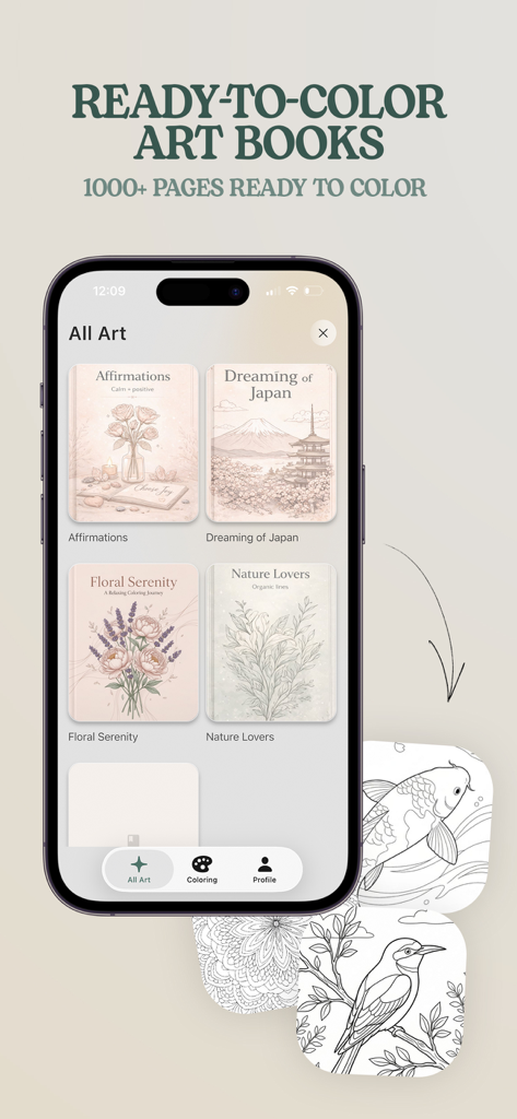 Flow-Coloring Book for Adults - iPhone screen showing the Flow app with various adult coloring book themes including Affirmations and Nature Lovers