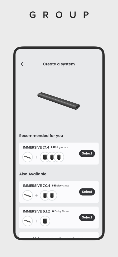 Harman Kardon One app interface showing options to group speakers for immersive Dolby Atmos surround sound systems