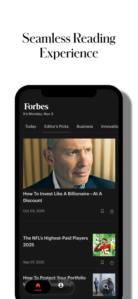 Forbes - La interfaz de la app Forbes mostrando noticias de negocios y artículos de inversión en un feed ininterrumpido en modo oscuro.