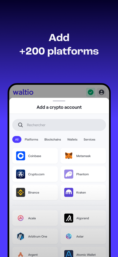 Waltio: Crypto Portfolio & Tax - Interfaz de la aplicación Waltio que muestra una lista de más de 200 plataformas y billeteras de criptomonedas disponibles para la sincronización