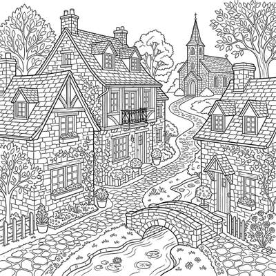 Step into a charming, detailed village scene with this intricate coloring page featuring beautiful stone cottages. Designed especially for teens, it offers a delightful challenge for creative minds.