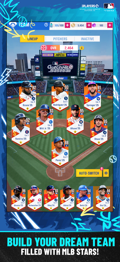 MLB Clutch Hit Baseball 26 - Mobile game screen showing a lineup of professional MLB player cards on a virtual baseball diamond for building a dream team.