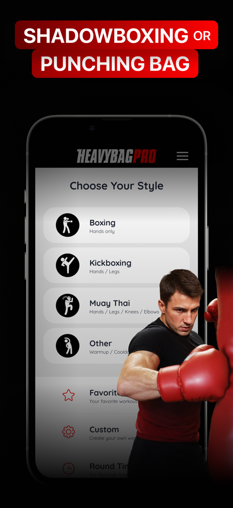 Boxing Training: Bag Workouts - Heavy Bag Pro app interface showing the choose your style screen with options for boxing kickboxing and Muay Thai training.