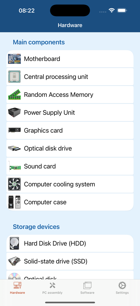 Sección de hardware de la aplicación Conceptos Básicos de Informática que muestra una lista de los principales componentes de PC como placa base y CPU