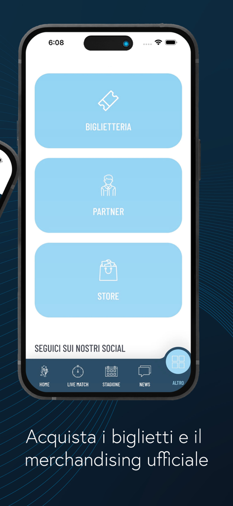 Oberfläche der Virtus Entella Mobile App mit Navigationsschaltflächen für Tickets und Shop