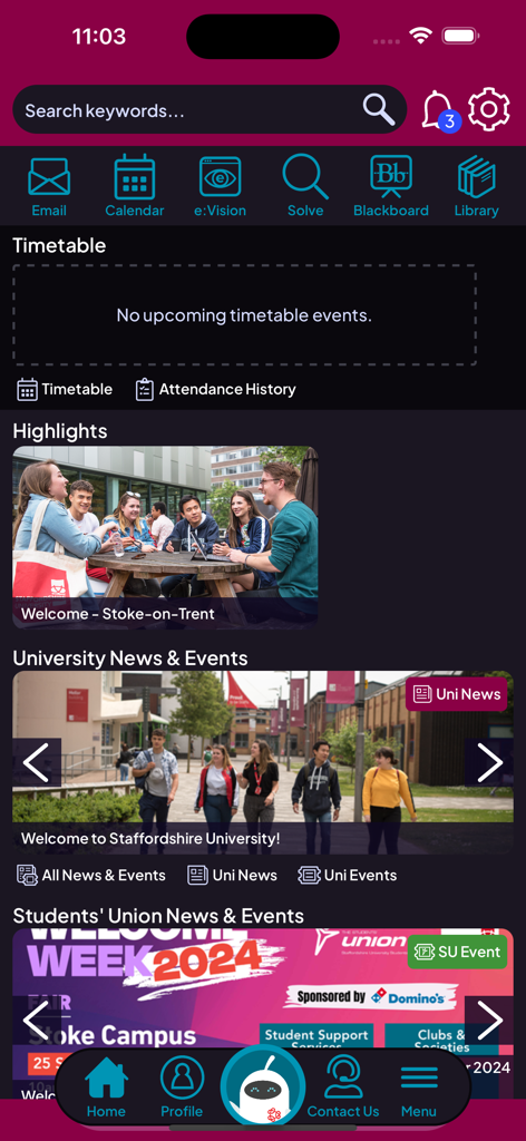 Beacon - Digital Guide - Home screen of the Beacon Digital Guide app showing student timetable and university news