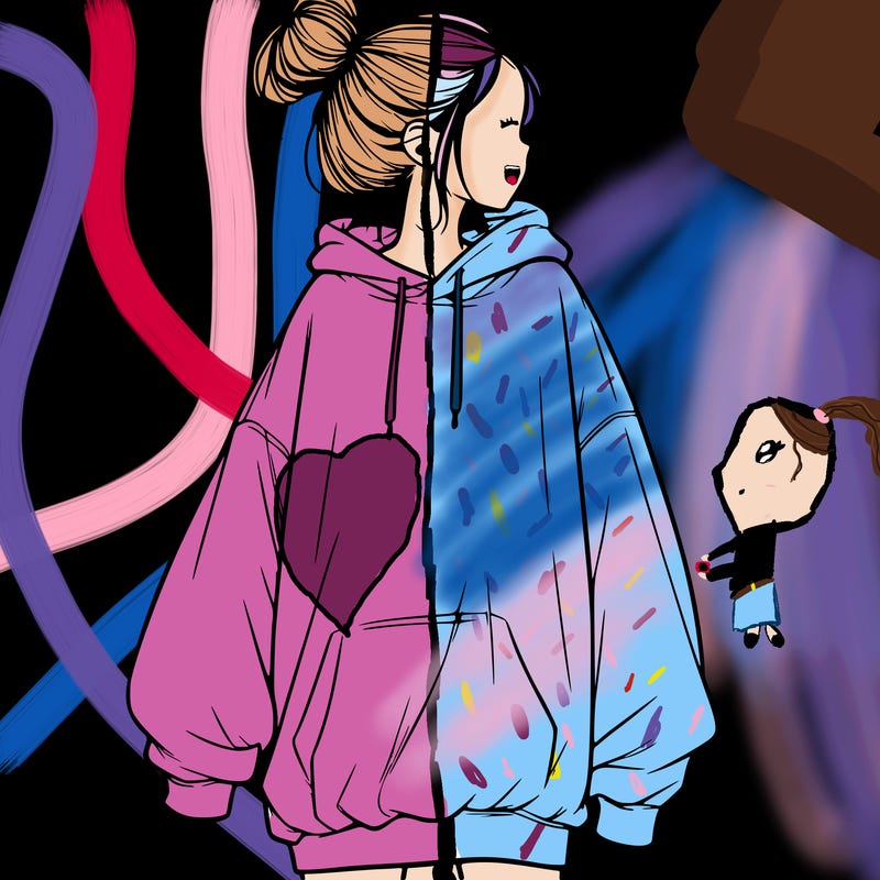 realistic girl with a oversized sweatshirt on and a bun