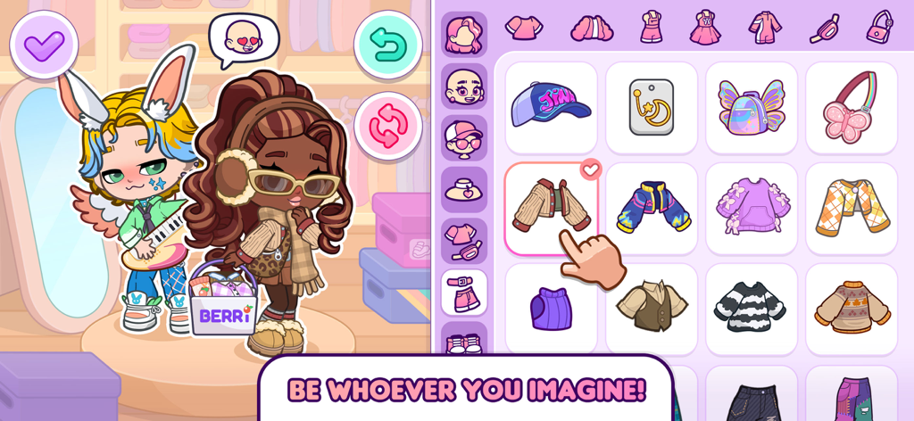 Dopples World - Character customization screen in Dopples World showing clothing and accessory options