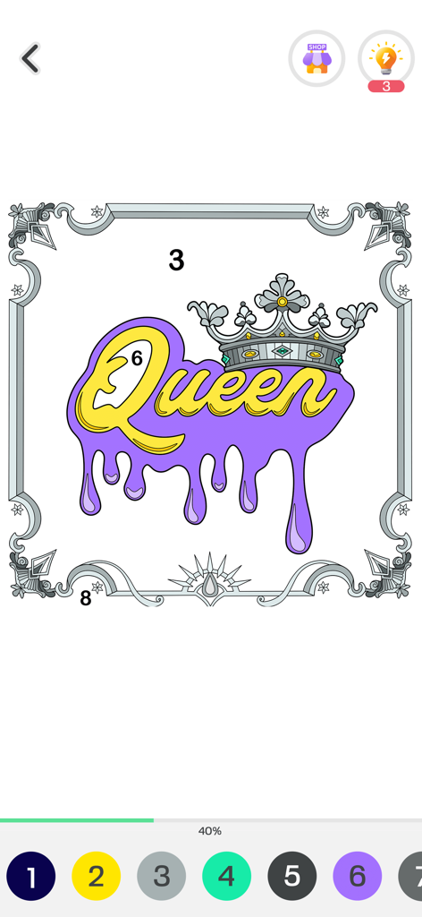 紫色の溶ける効果と王冠のある「Queen」という単語の半色刷りグラフィックを示す数による色塗りデジタル画面